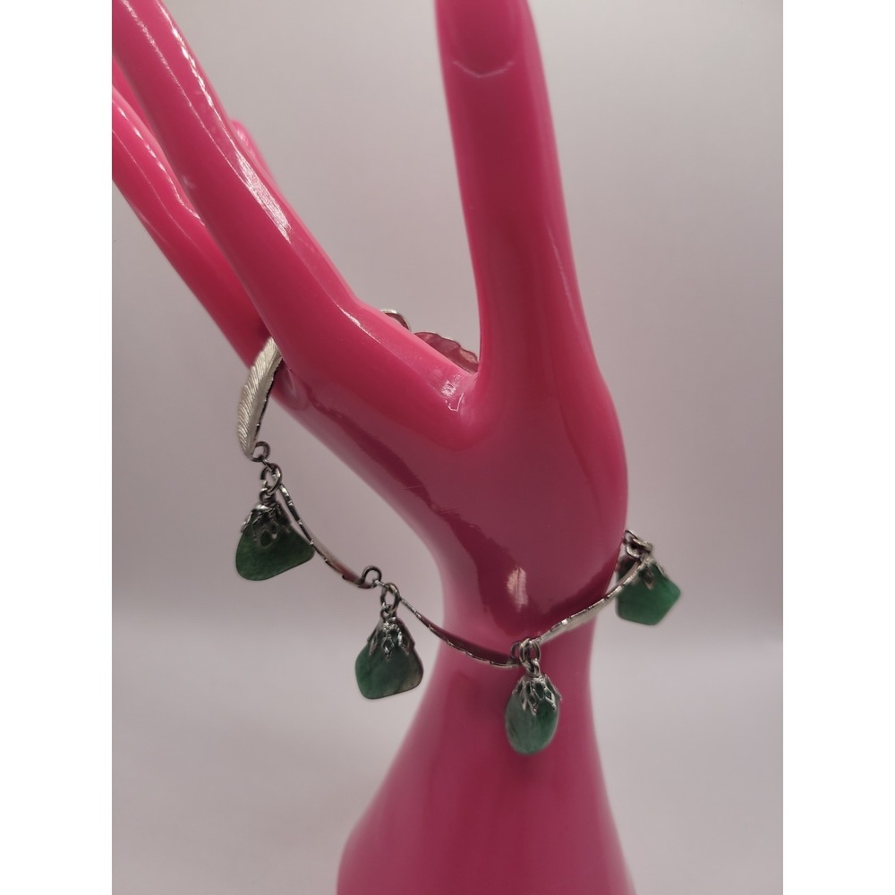 Vintage Silver‎ Tone Leaf Link Bracelet Green Aventurine Stone Dangle Charms